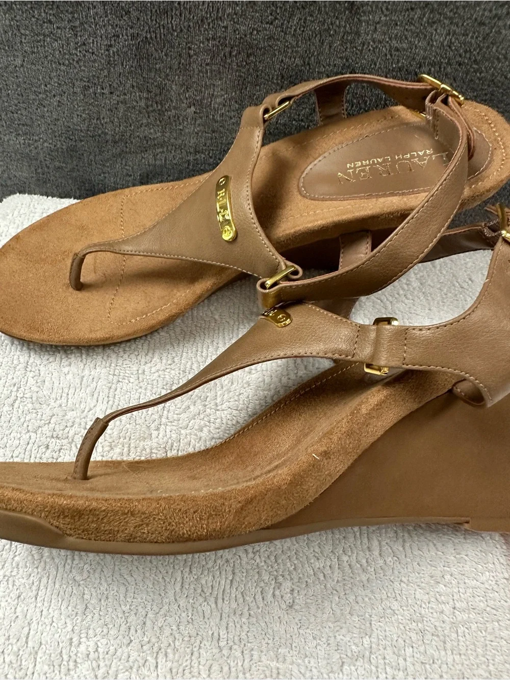 Lauren Ralph Lauren Brown T-Strap Sandals with Gold Accents